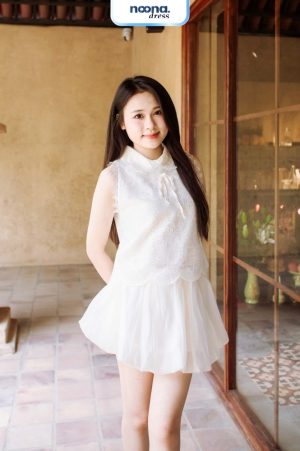 Set Trắng Ren Tiểu Thư Cổ Nơ & Váy Dáng Búp Xinh Xắn