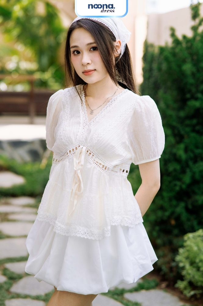 Set Váy Babydoll Phối Ren Tay Bồng